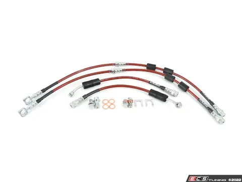 Doorbusters Front & Rear Exact-Fit Stainless Steel Brake Lines Kit - Red- With Master Cylinder Brace