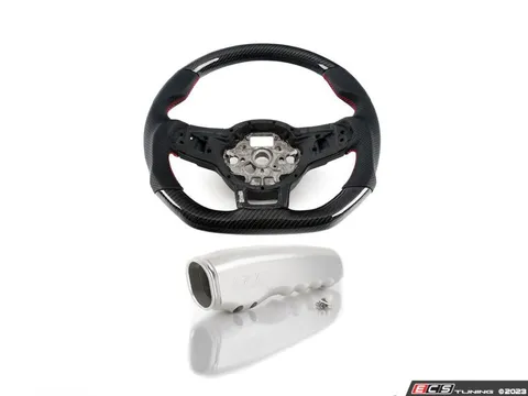 Doorbusters GTI Carbon Fiber Steering Wheel - Perforated Leather With Red Stitching - With FREE Master LED Interior Lighting Conversion Kit & MK7 Billet Aluminum Parking Brake Handle - Clear Anodized