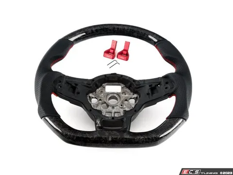 Doorbusters GLI Forged Carbon Fiber Steering Wheel - Perforated Leather with Red Stitching - MK7 Jetta (Without Sunroof) - Master LED Interior Lighting Kit & Billet Seat Release Handle Kit - Red Anodized - Pair